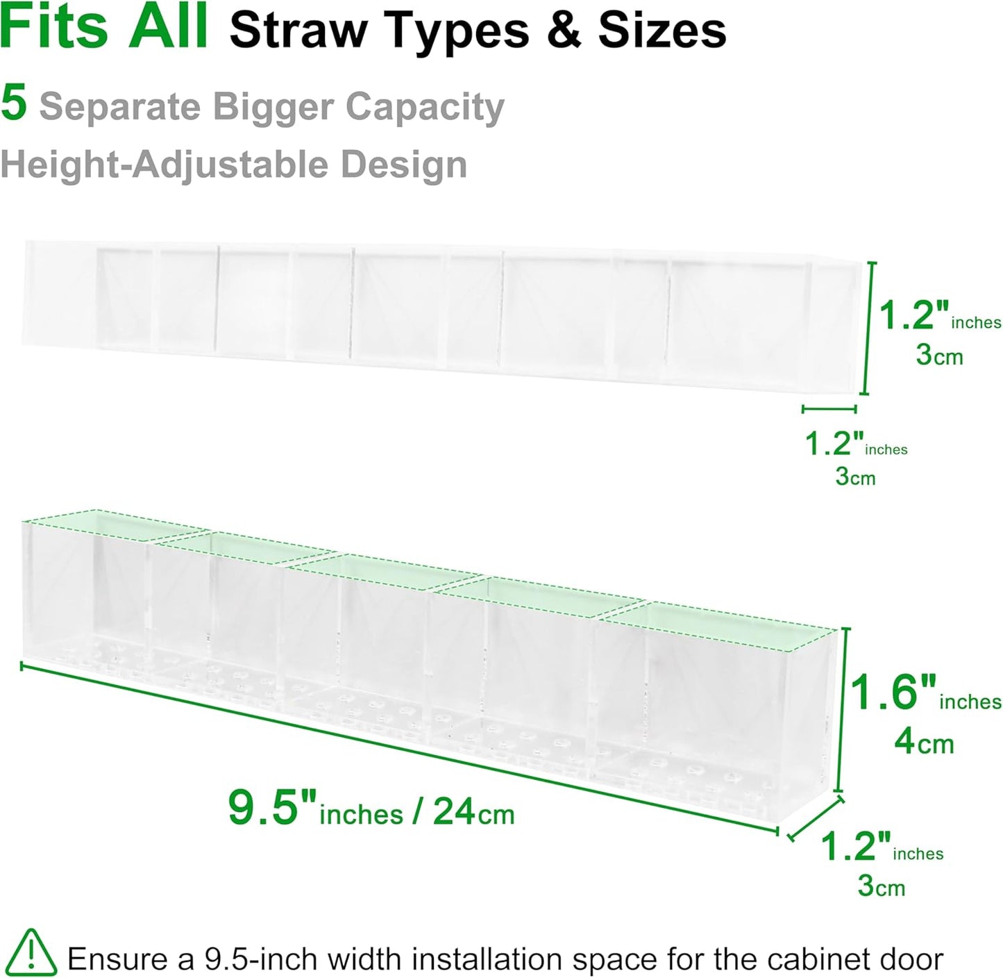 Acrylic Straw Holder for Cabinet Door 9.5”- Transparent Reusable Tumbler Straw Organizer Storage, Clear Small Kitchen Organization Accessories Container Rack, Ultra Sticky Cupboard Door Mounted