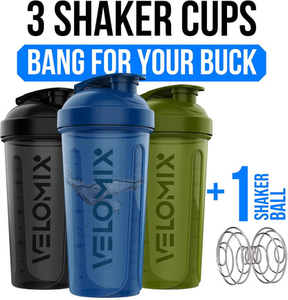 VELOMIX -3 PACK- 14 oz Protein Shaker Bottle for Protein Mixes - 3x Wire Whisk | Leak Proof Shaker Cups for Protein Shakes | Stackable Protein Shaker Bottle Pack | Dishwasher Safe (Mixed Colors)