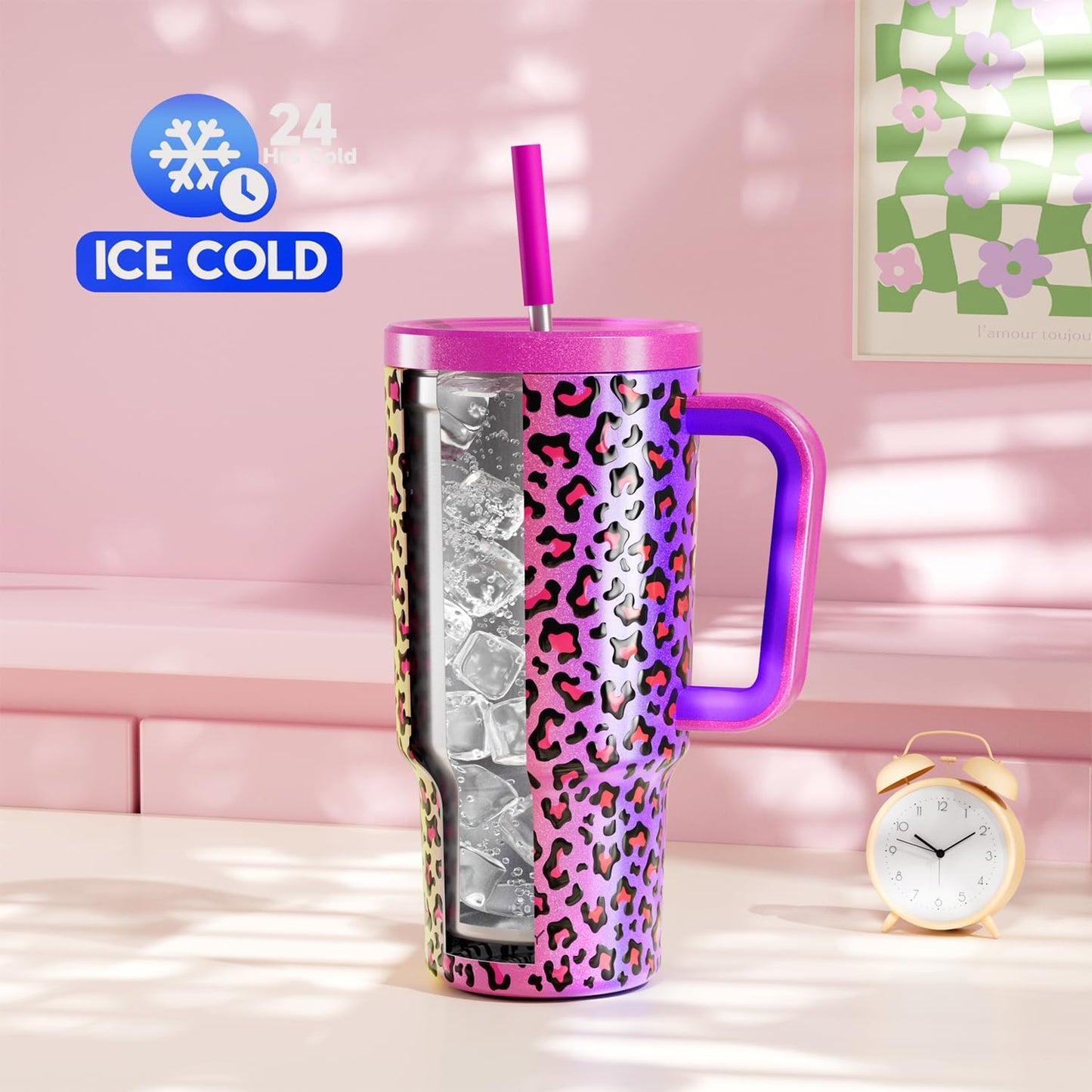 Meoky 40 oz Tumbler with Handle and Straw: Stainless Steel Insulated Tumbler with Lid and Straw - 100% Leak Proof Tumbler for Car Cup Holders - Travelers Commuters Workers, Donut