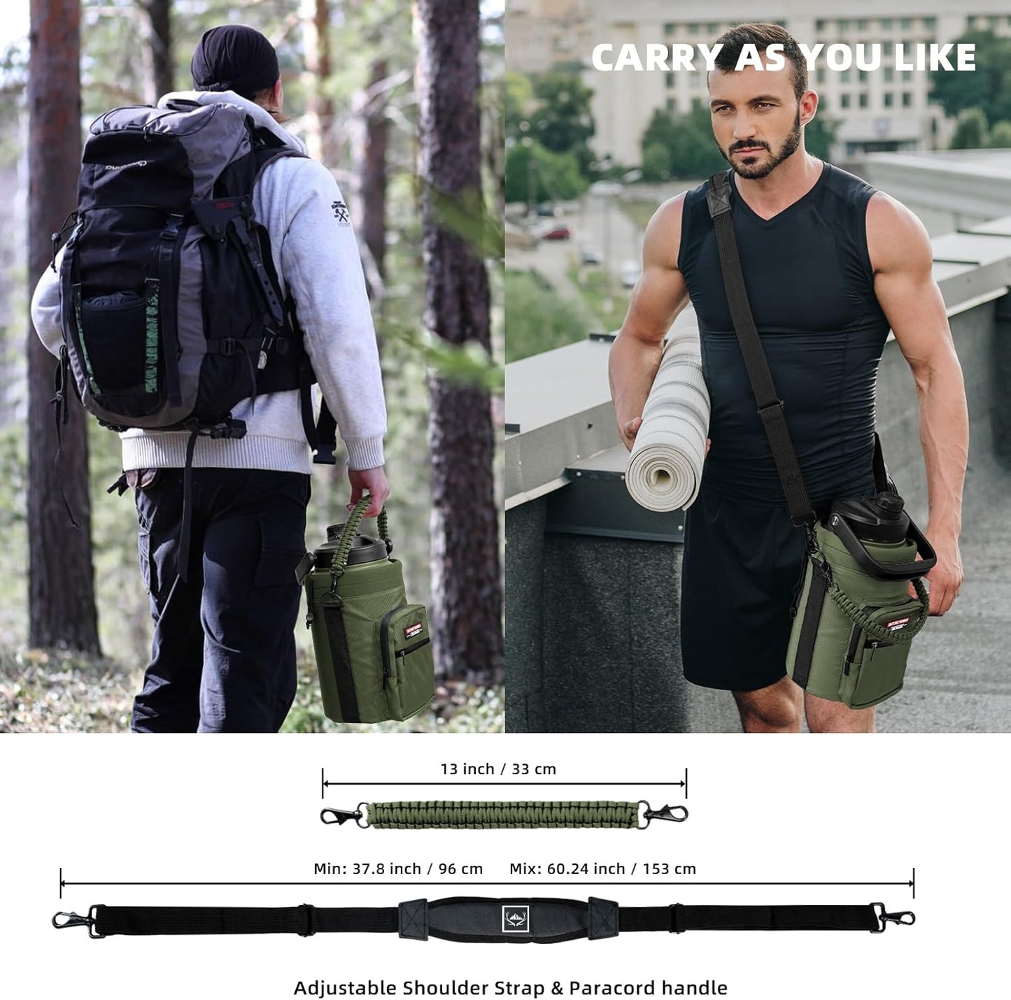 NATURE PIONEOR Water Bottle Holder with Adjustable Strap - Half/One Gallon (64/128oz) Insulated Water Bottle Sling Carrier with Phone Pocket & Paracord Handle, Outdoor Camping, Hiking, Gym