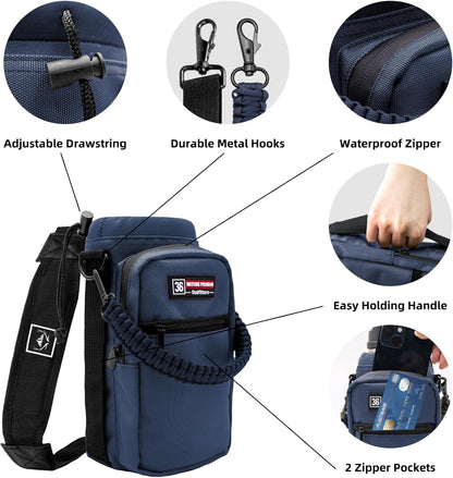 NATURE PIONEOR Water Bottle Holder with Adjustable Strap - 26/32/36/40/46/64oz Insulated Water Bottle Sling Carrier with Paracord Handle & 2 Pockets, Outdoor Sports, Hiking, Camping, Gym