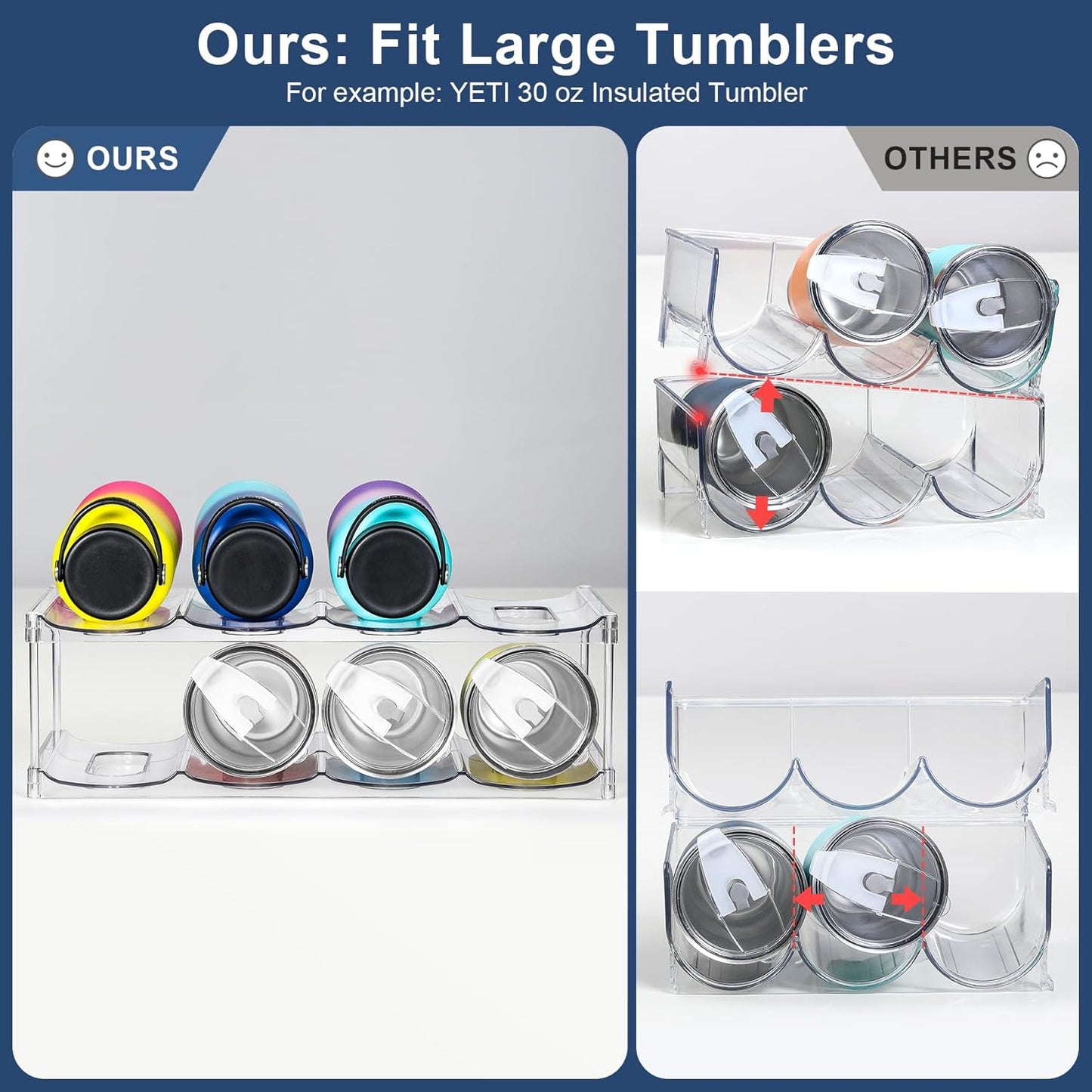 LARGER Compartment - 3 Tier Stackable Water Bottle Organizer Holder - for Stanley 40oz & Others' Large Tumbler - Clear Wine Rack, 12 Cup Bottle Holder for Cabinet Home Countertop Fridge Pantry Shelf