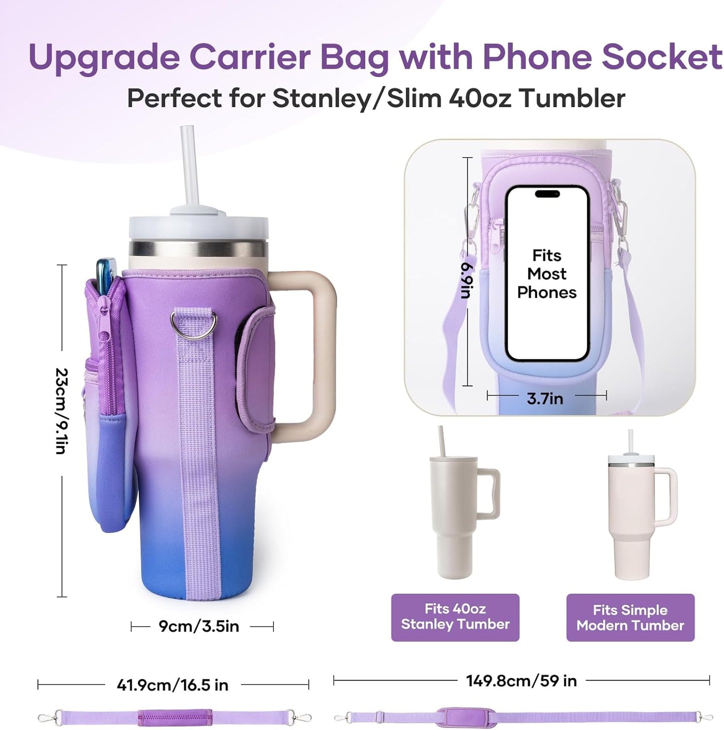 linmaya Water Bottle Carrier Bag for Stanley Cup 40/30oz with Phone Holder Pockets,Neoprene Water Bottle Cross-body Bag with Adjustable Shoulder & Hand Strap Stanley Cup Accessories