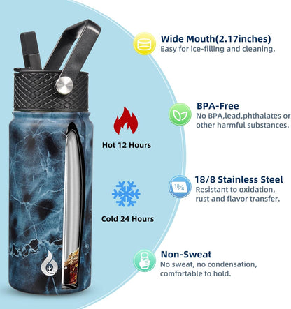 BJPKPK Insulated Water Bottles with Straw Lid, 40oz Stainless Steel Water Bottles with 3 Lids, BPA Free Leakproof Thermo, Tumblers, Cups for Sports, Gym- Midnight - Colors B