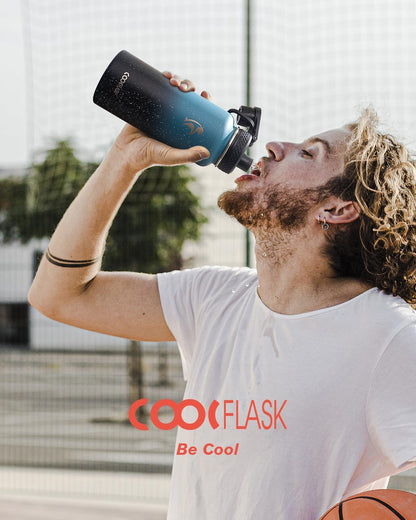 Half Gallon Water Bottle Insulated with Straw & 3 Lids, Coolflask 64 oz Water Jug Large Metal Stainless Steel Wide Mouth for Sports, Gym or Office, Non-BPA Keep Cold 48H Hot 24H, Samurai Cyan