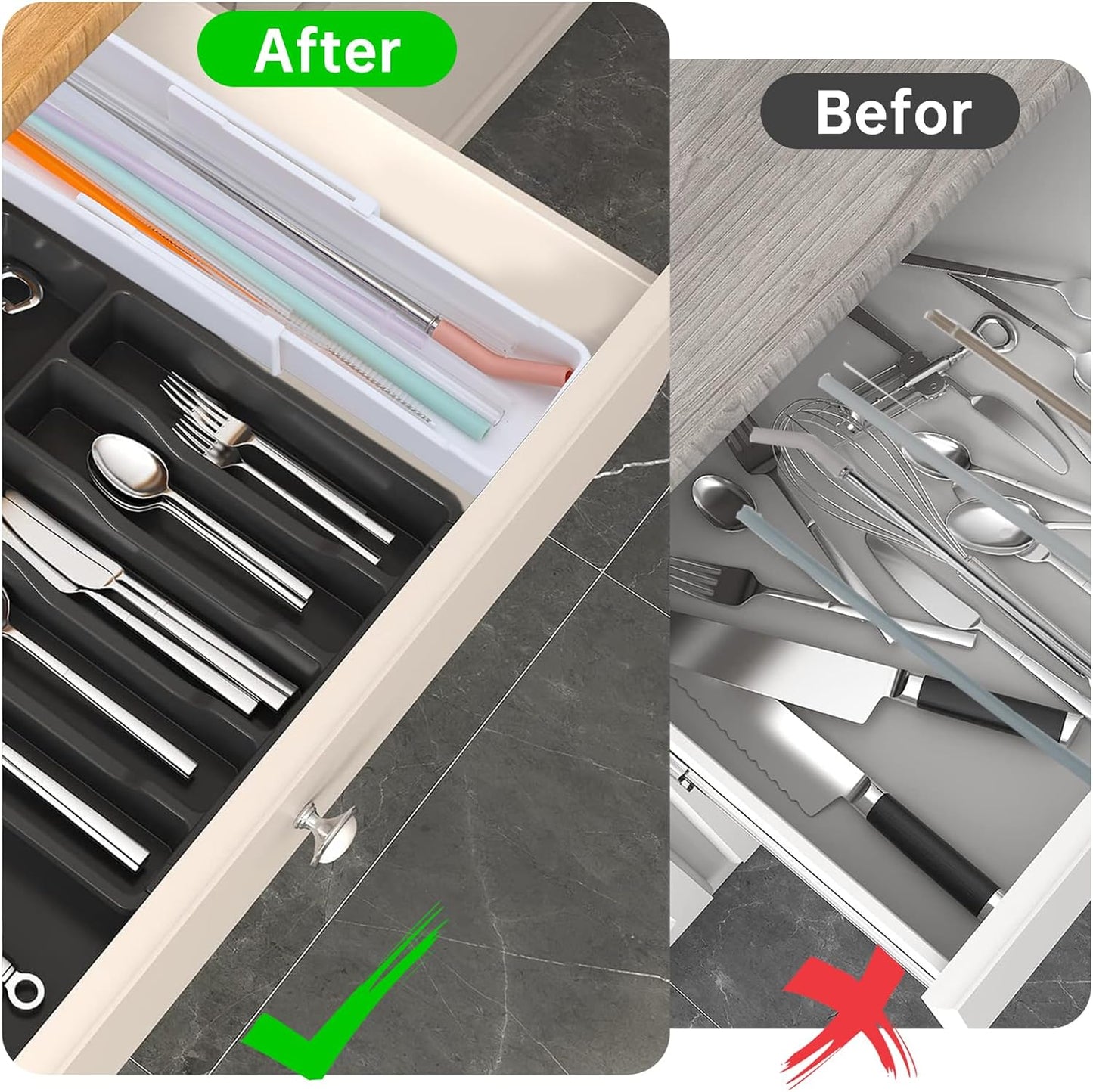 UXIETIN Expandable Straw Organizer Drawer for Cabinet,Reusable Extra Long Straw Drawer Organizer Fits for 60oz Stanley Long Straw