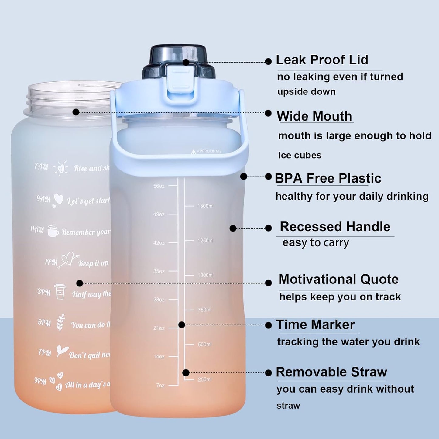 Large Motivational Water Bottle with Straw Time Marker BPA Free for Sport and Fitness (Pink Blue, 64 Oz / Half Gallon)