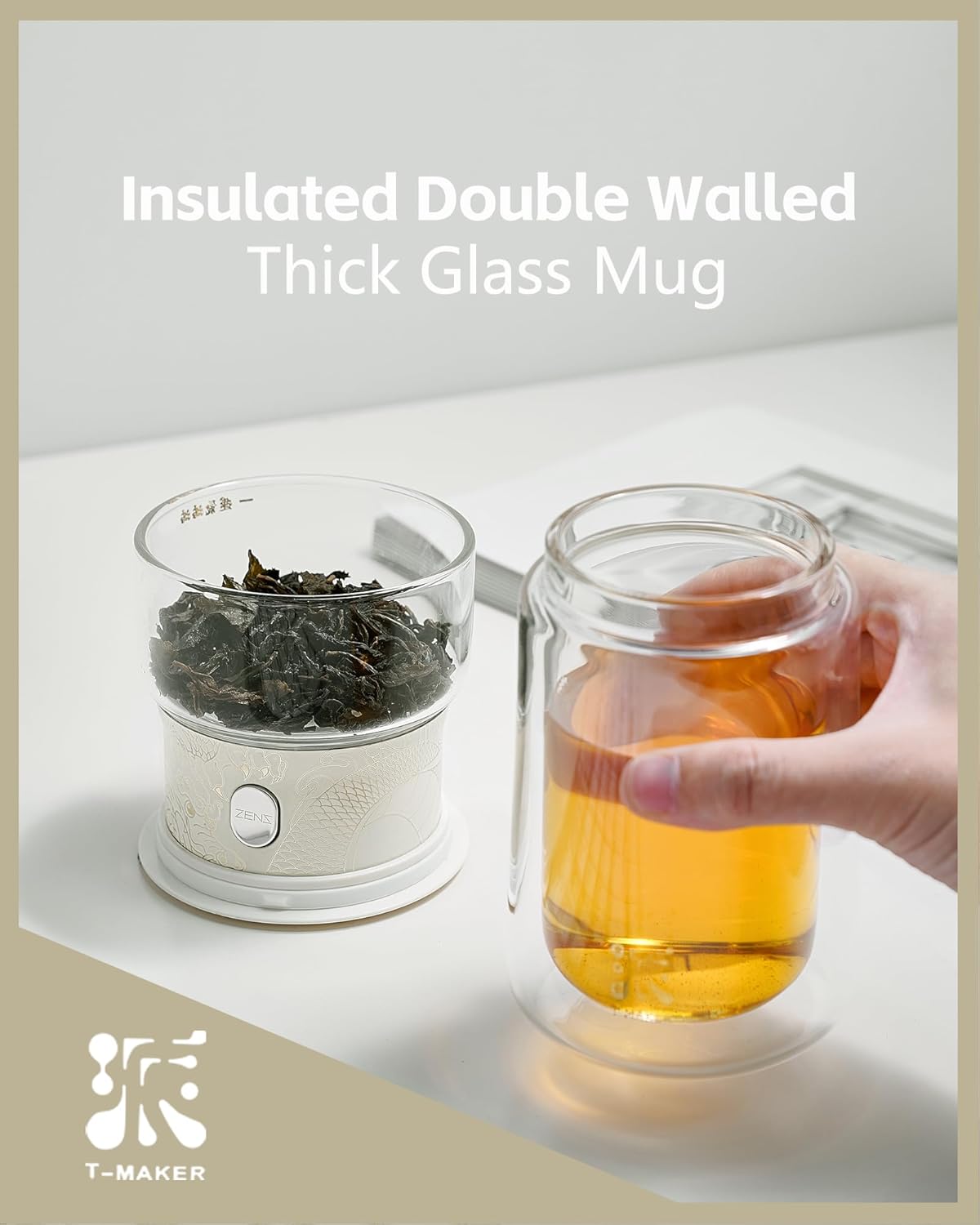 ZENS Modern Glass Infuser Teapot, One Touch Tea Maker for Loose Leaf Tea with Insulated Mug and Portable Case. Enchanted Pot Alternatives for Tea Lover Gifts