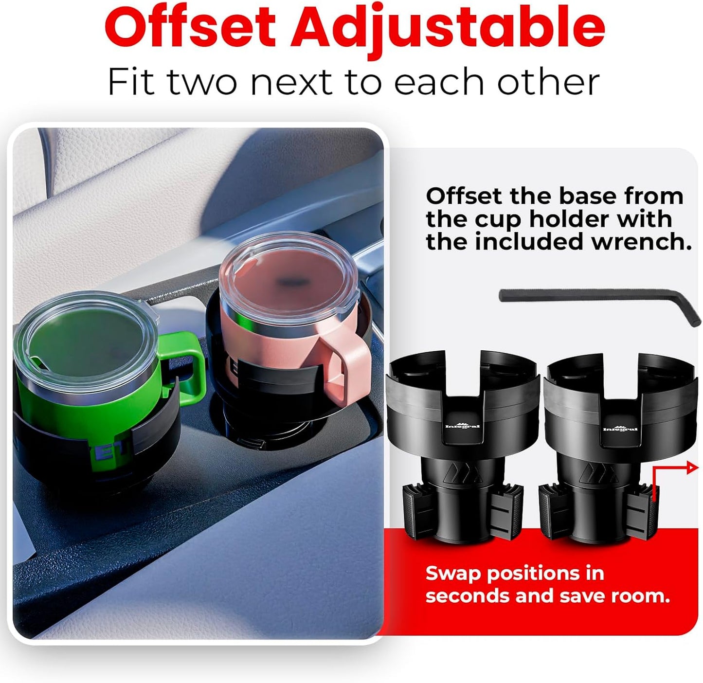 Integral Expandable Mug Holder - YETI 14oz Rambler Cup Holder - Car Cup Holder Expander with Adjustable Base - Rubber Tabs Hold Most Coffee Mugs Ramblers 10oz