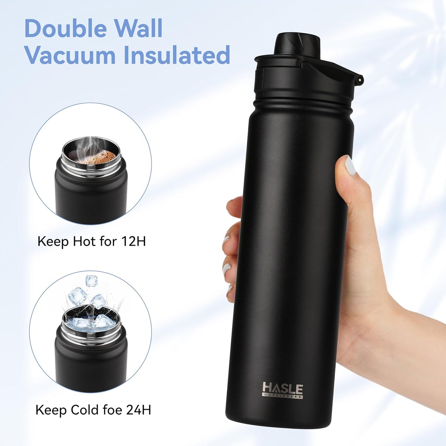 HASLE OUTFITTERS 32 oz Insulated Water Bottle Stainless Steel Double Walled Vacuum Sports Water Bottle with 2 Lids (Straw and Spout Lid) for Gym Camping Hiking(Black,1)