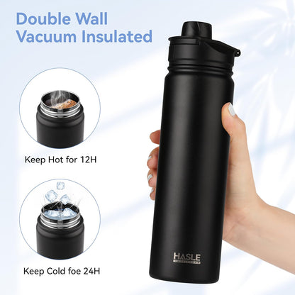 HASLE OUTFITTERS 32 oz Insulated Water Bottle Stainless Steel Double Walled Vacuum Sports Water Bottle with 2 Lids (Straw and Spout Lid) for Gym Camping Hiking(Black,1)