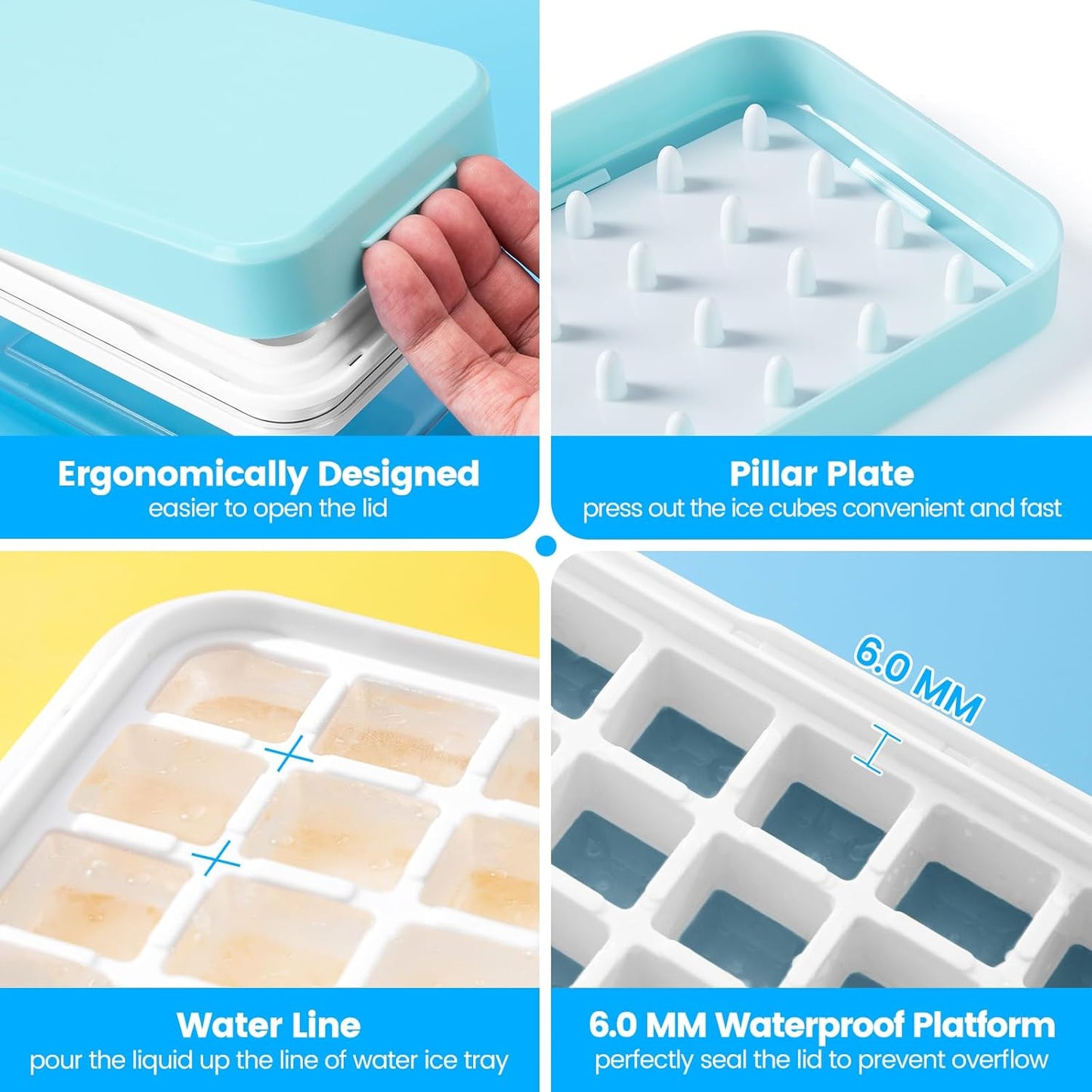 Ice Cube Tray with Lid and Bin, PHINOX 56 pcs Ice Trays for Freezer, Ice Cube Trays for Freezer with 2 trays, Container, Lid & Ice Scoop, BPA Free