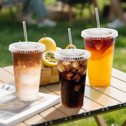 Clawsoff 100 Pack 20 oz Disposable Clear Plastic Cups with Lids and Straws, Leak-Proof Sturdy Cold Drink Cups for Iced Coffee, Smoothies, Juice, Parties & Business