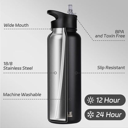 HASLE OUTFITTERS 32 oz Insulated Water Bottle Stainless Steel Double Walled Vacuum Sports Water Bottle with 2 Lids (Straw and Spout Lid) for Gym Camping Hiking(Black,1)