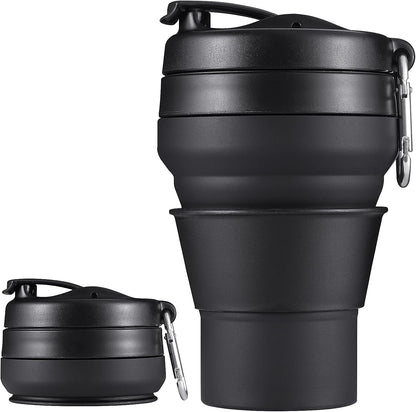 Collapsible Coffee Cup, 16 OZ 480ml Large Silicone Folding Camping Mug, Leak Proof BPA Free Portable, Travel Bottle with Lids for hiking, Microwave & Dishwasher Safe (Black)