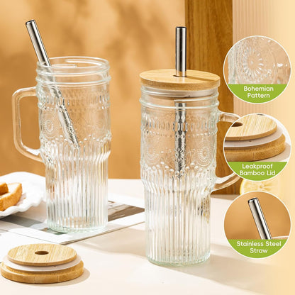 JunVpic Glass Cups with Lids and Straws,24oz Glass Tumbler with Handle Iced Coffee Cup for Coffee,Juice,Tea,Milk,Smoothie,Hot & Cold Drinks (Pink)