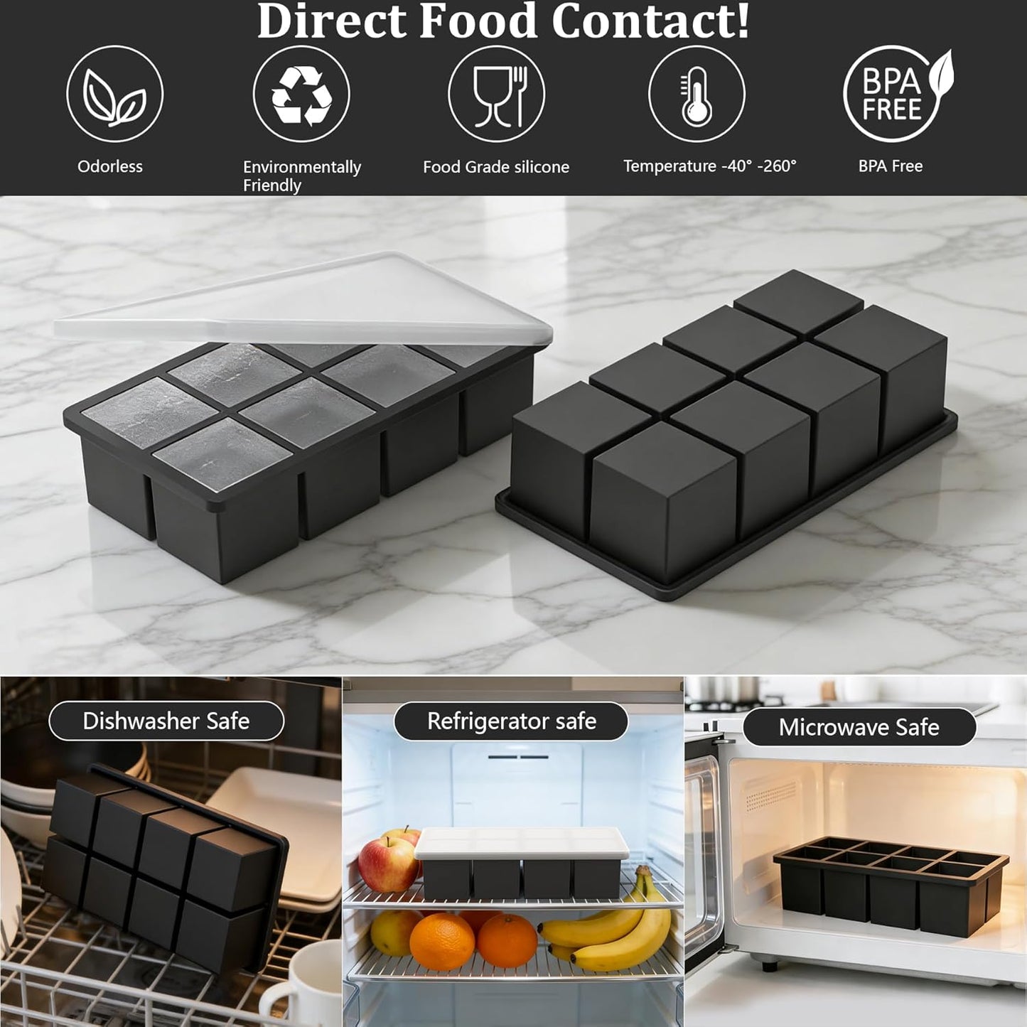 Bangp Large Ice Cube Tray for Whiskey,2 Pack Stackable Big Ice Cube Molds Make 16 Big Whiskey Ice Cubes,Easy Release Square Ice Cube Maker for Cocktails,Whiskey,Soups and Frozen Treats