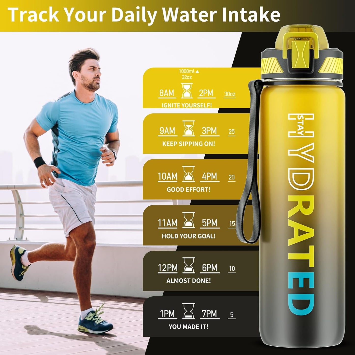 QLUR Water Bottle with Straw, 32oz Motivational Water Bottles with Time Marker to Drink, Tritan BPA Free, 1L Sports Water Bottle with Carry Strap LeakProof for Women Gym Fitness Outdoor (1 Pack)