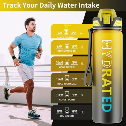 QLUR Water Bottle with Straw, 32oz Motivational Water Bottles with Time Marker to Drink, Tritan BPA Free, 1L Sports Water Bottle with Carry Strap LeakProof for Women Gym Fitness Outdoor (1 Pack)