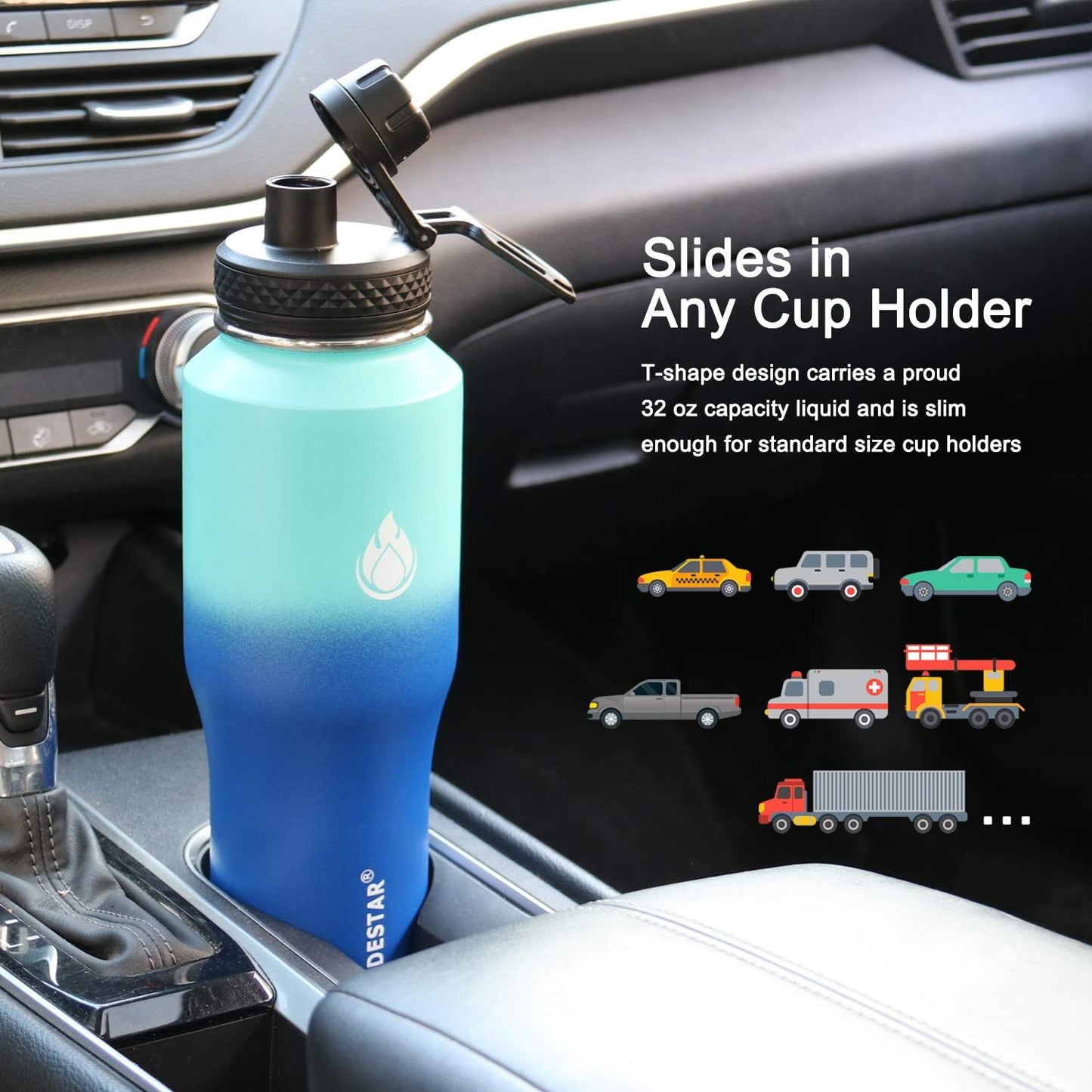 SENDESTAR 40oz Water Bottle Wide Mouth Stainless Steel Vacuum Insulated Double Wall with Straw Lids Fit in Any Car Cup Holder