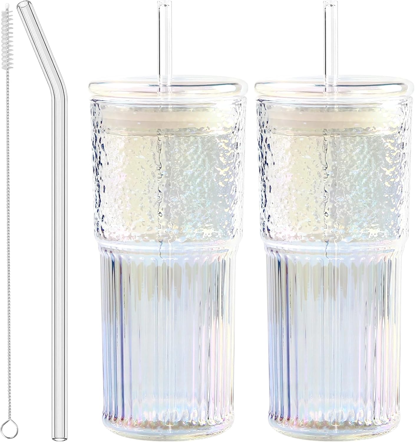 JunVpic Glass Cups with Lids and Straws,24oz Glass Tumbler with Handle Iced Coffee Cup for Coffee,Juice,Tea,Milk,Smoothie,Hot & Cold Drinks (Pink)