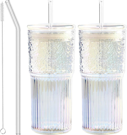 JunVpic Glass Cups with Lids and Straws,24oz Glass Tumbler with Handle Iced Coffee Cup for Coffee,Juice,Tea,Milk,Smoothie,Hot & Cold Drinks (Pink)