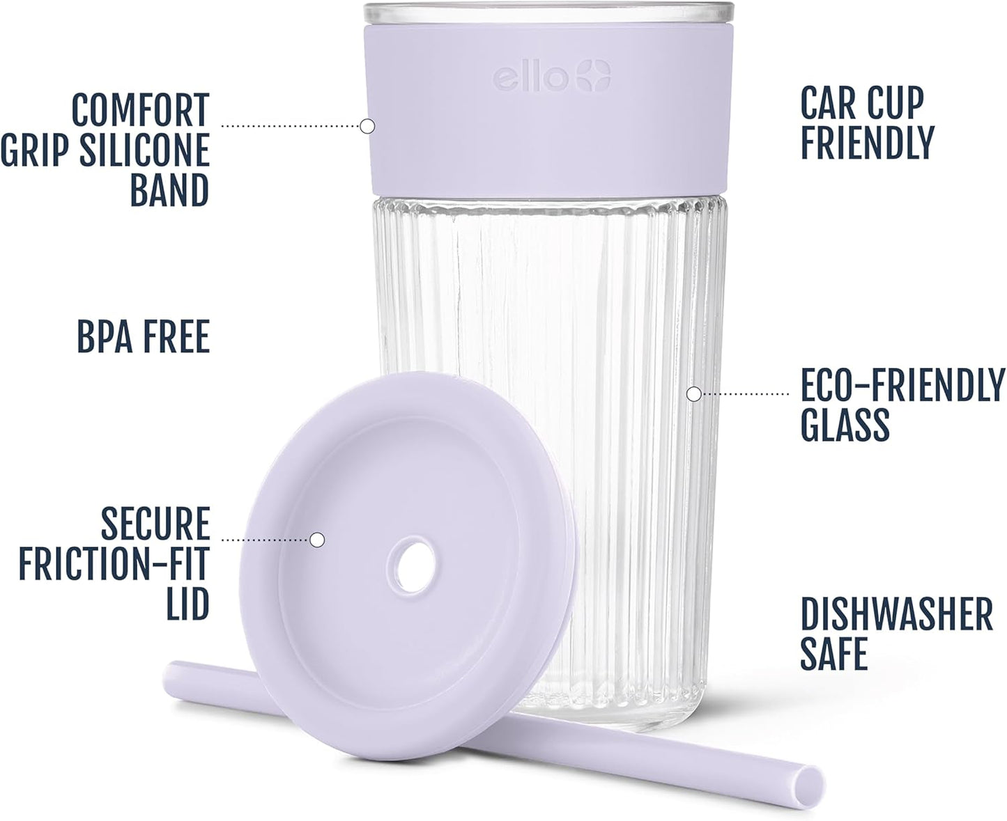 Ello Devon Glass Tumbler , Protective No Sweat Silicone Sleeve and Splash Proof Wooden Detail Lid with Straw, 18 oz