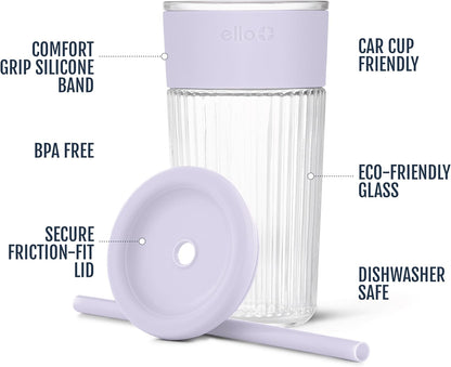 Ello Devon Glass Tumbler , Protective No Sweat Silicone Sleeve and Splash Proof Wooden Detail Lid with Straw, 18 oz