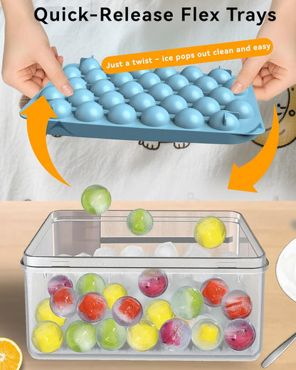 Ice Cube Trays with Lid and Bin, BPA-Free Mini 0.8 Inch Sphere Ice Molds, 2-Pack Small Round Ice Ball Trays, Easy Release, Includes Scoop & Ice Storage Box for Cocktails, Coffee