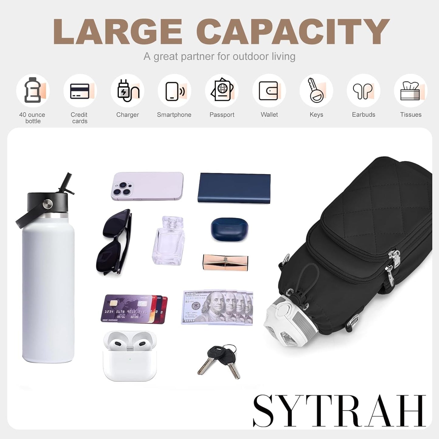 SYTRAH Water Bottle Bag Crossbody，Insulated Water Bottle Purse Crossbody Water Bottle Holder with Strap 40 oz
