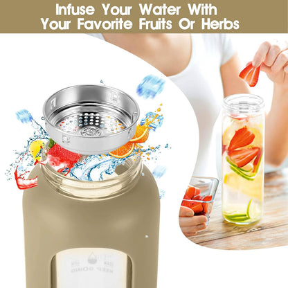 SipZest 32 oz Glass Water Bottle with Straw - Motivational Time Marker & Silicone Sleeve - Reusable Tumbler Includes 2 Bamboo Lids & Fruit Infuser - 1 Pack