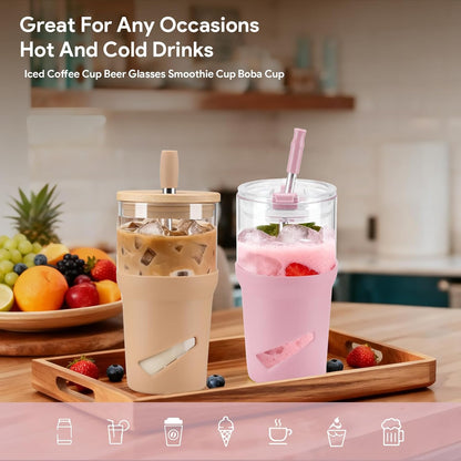 Glass Tumbler with Lids and Straws, 20 oz Iced Coffee Cup and Smoothie Cup with Bamboo Lid and On the go Lid,Glass Cups With Straws