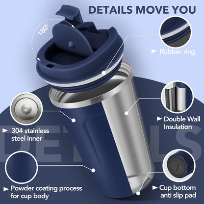 Volhoply 12 oz Double Wall Insulated Vacuum Travel Coffee Mugs with Flip Lid Bulk 2 Pack,Reusable Stainless Steel Leak Proof Coffee Cup,Portable Cafe Thermal Tumbler for Hot & Cold Drinks(Mix,2 Set)