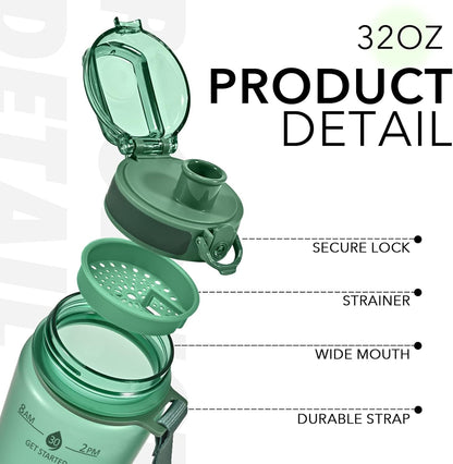 32oz Water Bottle with Time Marker, Motivational Drinking Bottle with Strap, BPA-Free Leak-Proof, Encouraging Water Bottle Time to Drink Water for Gym School Office Travel
