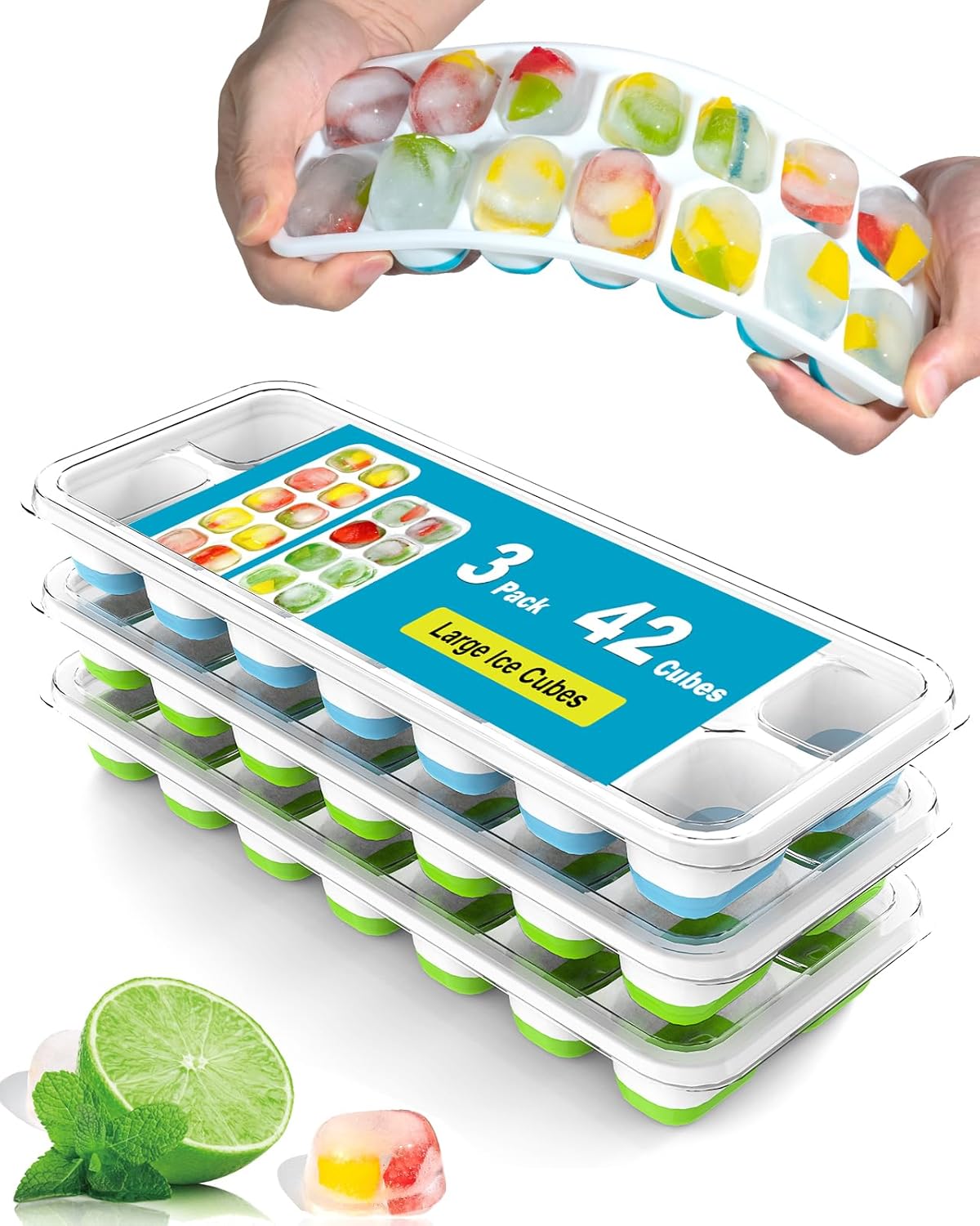3 Pack Ice Cube Trays with Lid for Freezer, Flexible Silicone Bottom for Easy Release, Stackable Space-Saving Ice Molds, 1.2" Cubes Color-Coded (2 Green 1 Blue) for Juice, Coffee & Cocktails, BPA Free