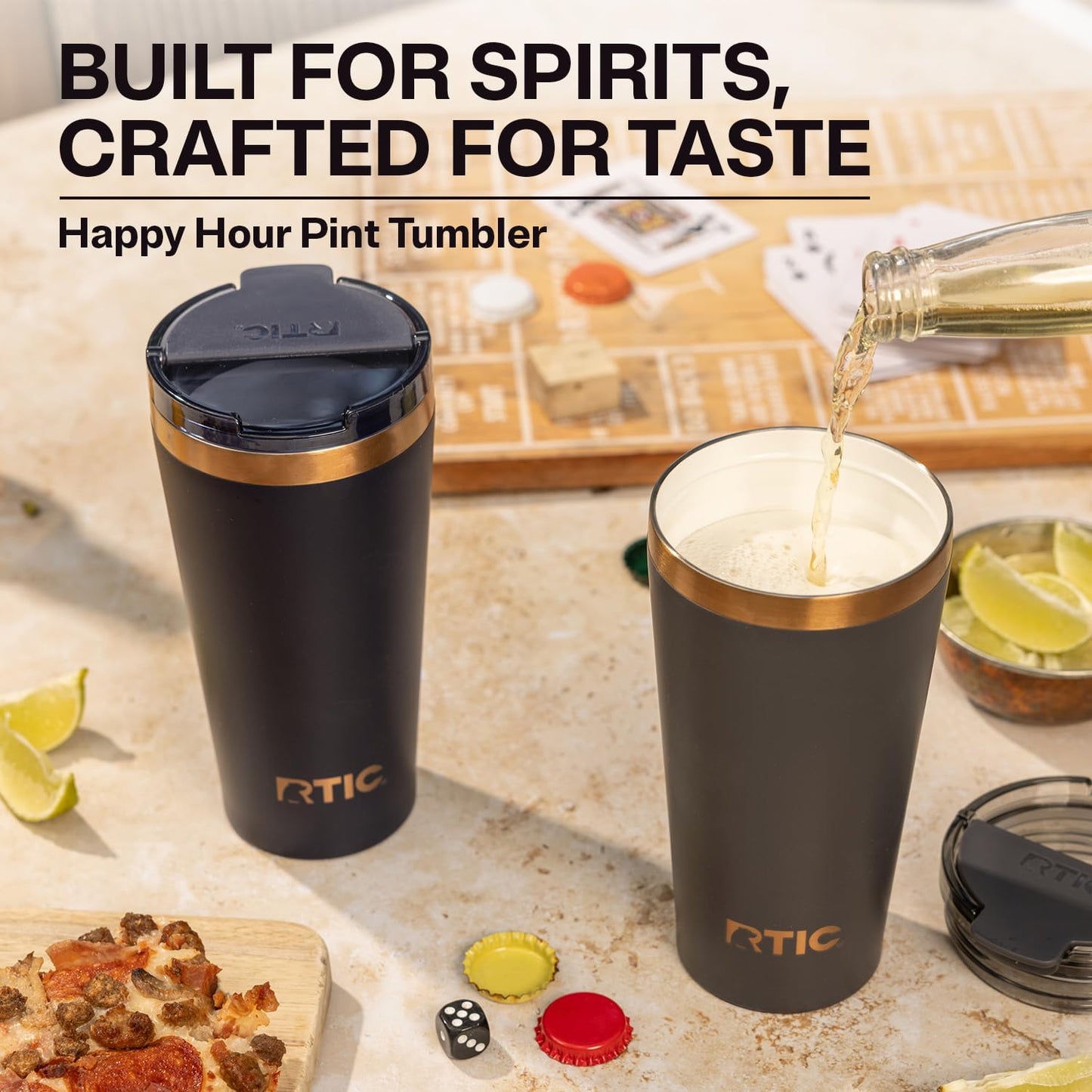 RTIC 18oz Happy Hour Pint Tumbler with Lid, Insulated, Ceramic Lined, Stainless Steel Metal, Portable Travel Cup for Hot and Cold Drink, Black Cherry