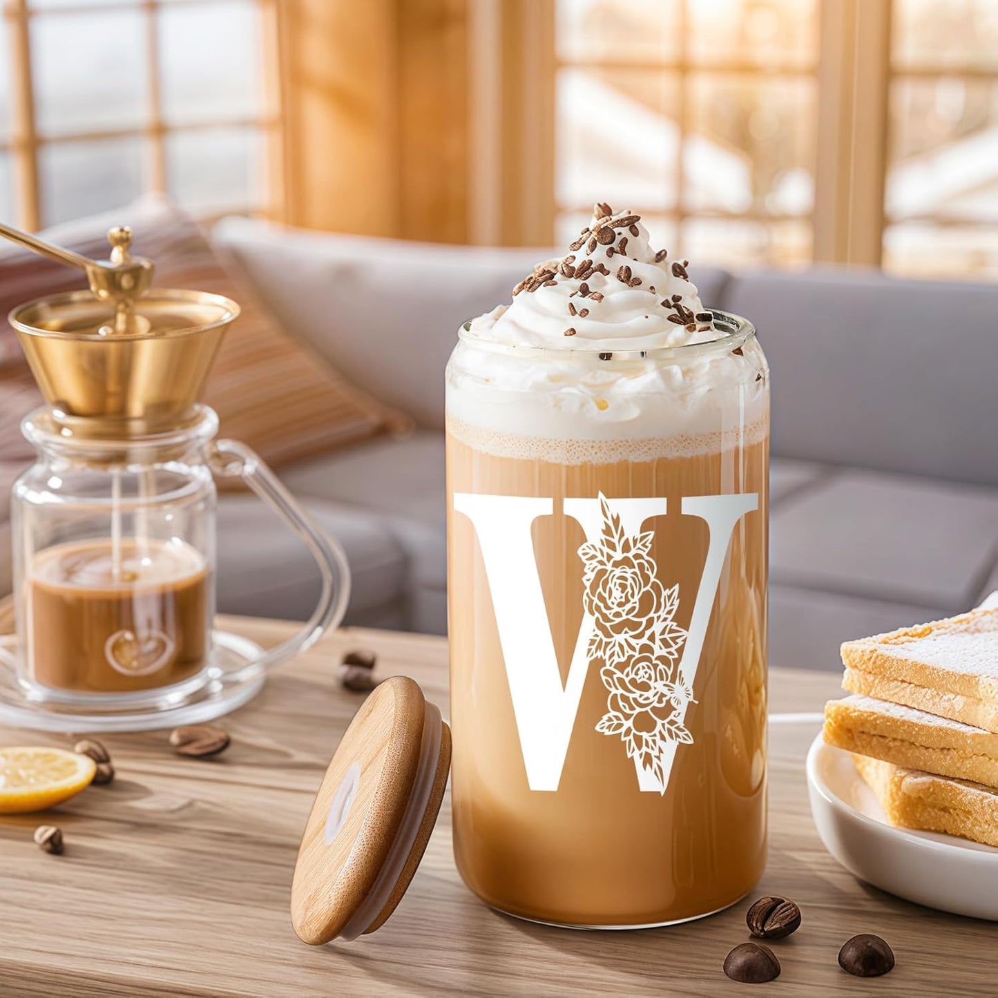 Glass Cups with Lids and Straws: Personalized Initial Glass Cup Be Used As Reusable Iced Coffee Cups with Lids,Cute Matcha Tumbler - The Christmas/Birthday Gifts for Women - M Smoothie Cup