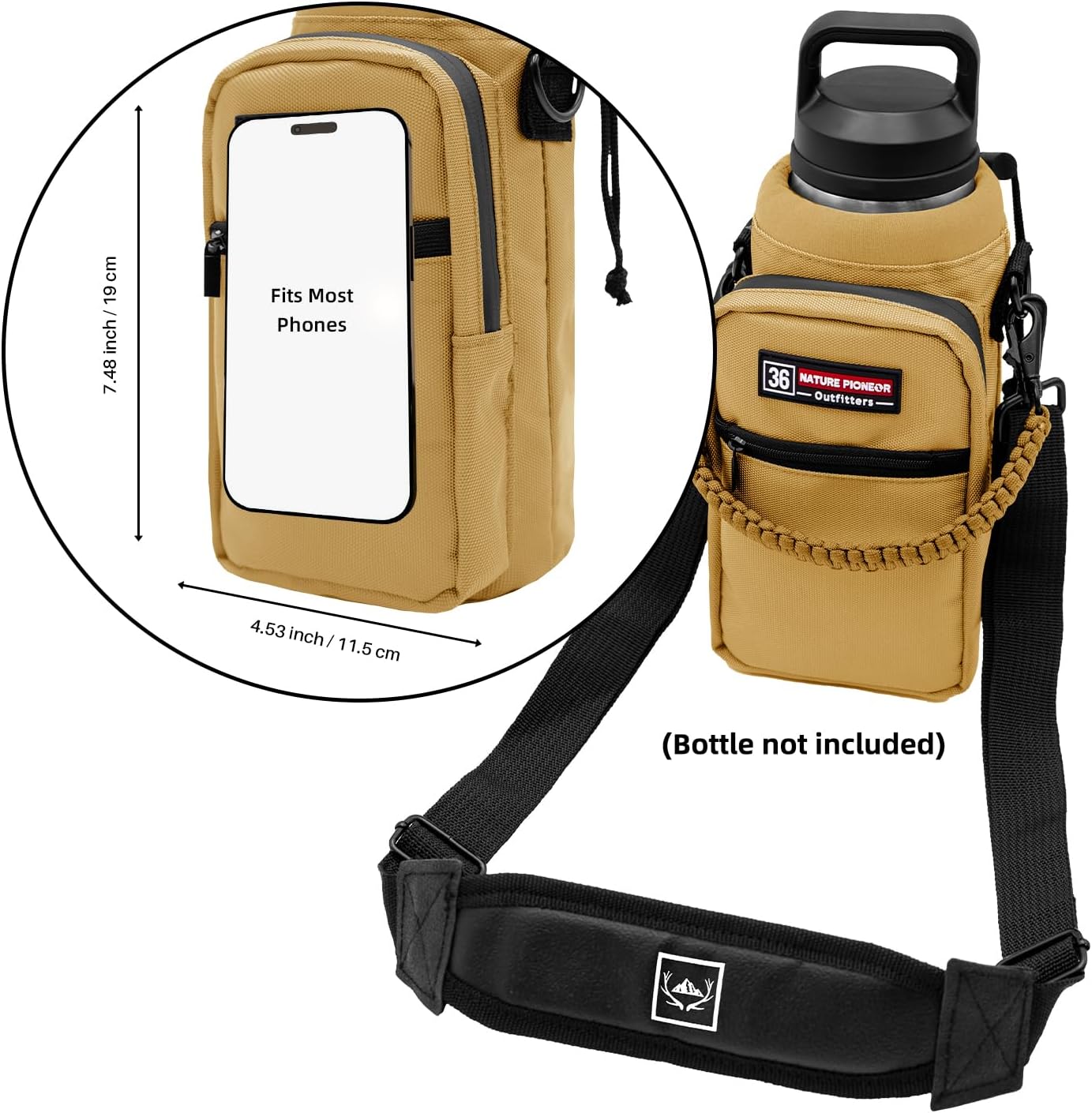 NATURE PIONEOR Water Bottle Holder with Adjustable Strap - 26/32/36/40/46/64oz Insulated Water Bottle Sling Carrier with Paracord Handle & 2 Pockets, Outdoor Sports, Hiking, Camping, Gym