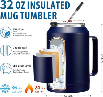 50 oz Insulated Tumbler with Handle and Straw - Stainless Steel Double Wall Coffee Mug, 2-in-1 Lid Metal Water Bottle, 36H Cold 24H Hot Travel Hydro Cup Jug with Silicone Boot