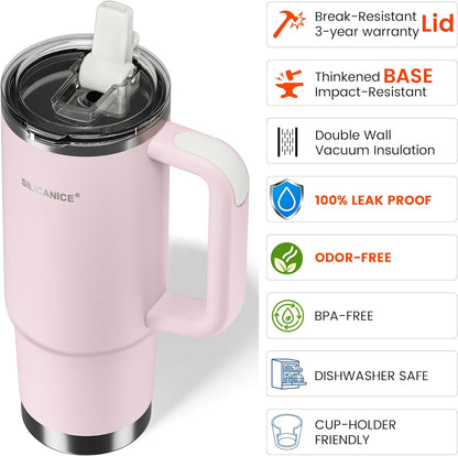 30oz Hygienic Insulated Tumbler with Handle — 100% Leakproof Lid with Removable Spout & Straw, Reinforced Vacuum-Protection Base, Cup Holder Friendly, for Travel/Gym/Office- Black