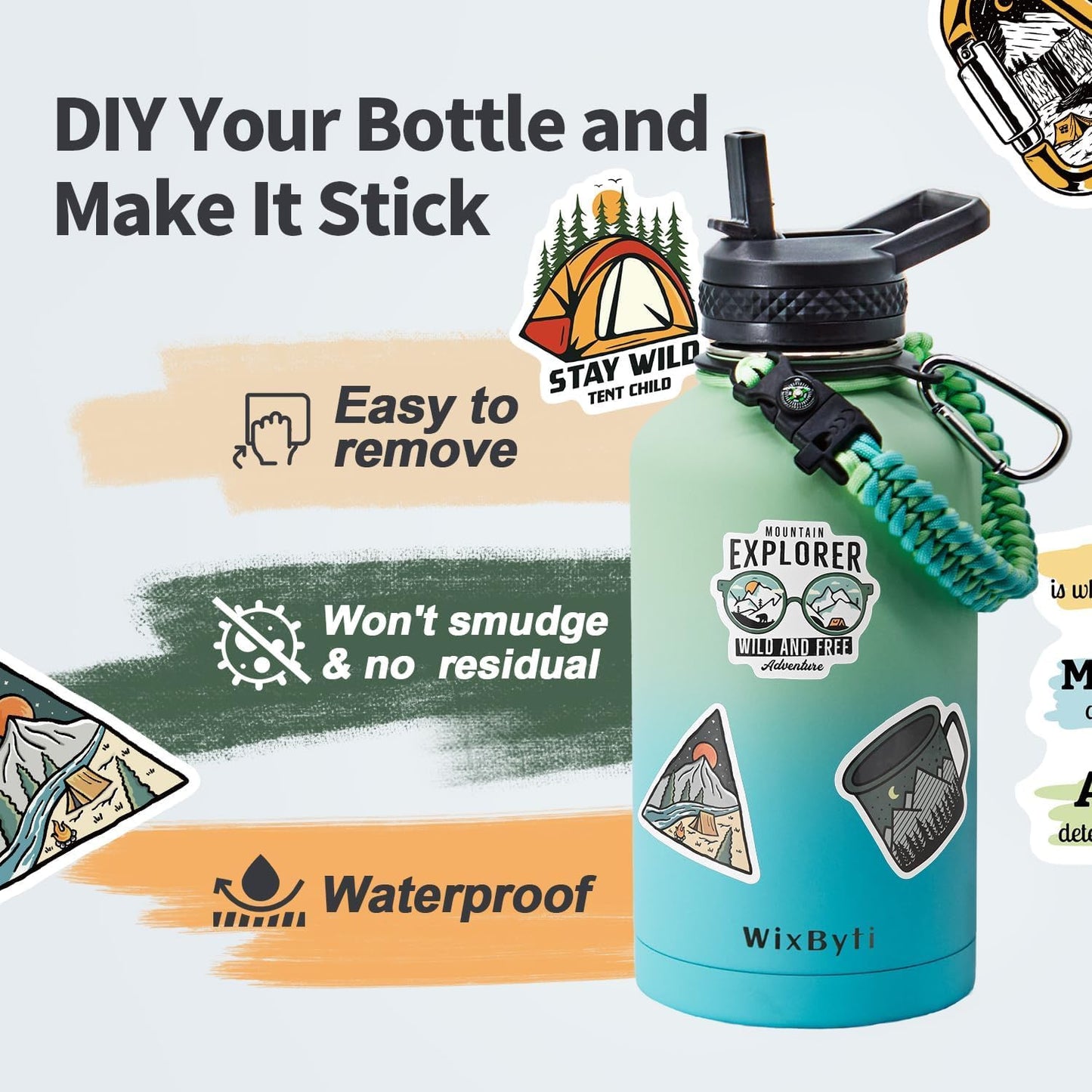 WixByti 40 oz Insulated Water Bottle with Straw (Cold for 36 Hrs), Stainless Steel Triple Wall Vacuum Sports Water Jug, Leakproof Hydro Cup Flask with Paracord Handle & Straw Spout Lids & DIY Stickers
