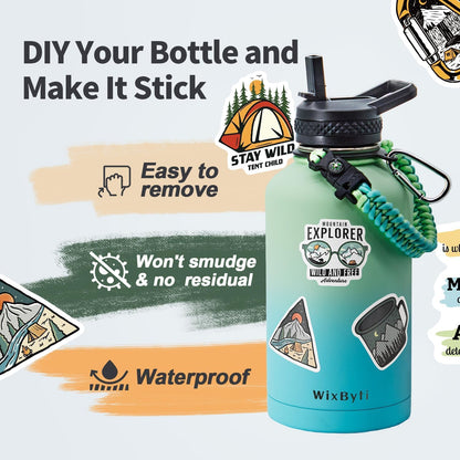 WixByti 40 oz Insulated Water Bottle with Straw (Cold for 36 Hrs), Stainless Steel Triple Wall Vacuum Sports Water Jug, Leakproof Hydro Cup Flask with Paracord Handle & Straw Spout Lids & DIY Stickers