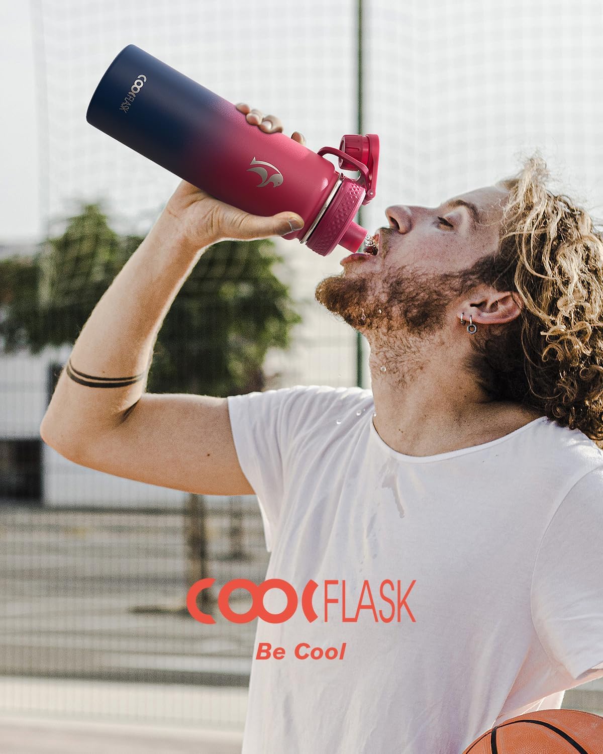 Half Gallon Water Bottle Insulated with Straw & 3 Lids, Coolflask 64 oz Water Jug Large Metal Stainless Steel Wide Mouth for Sports, Gym or Office, Non-BPA Keep Cold 48H Hot 24H, Samurai Cyan