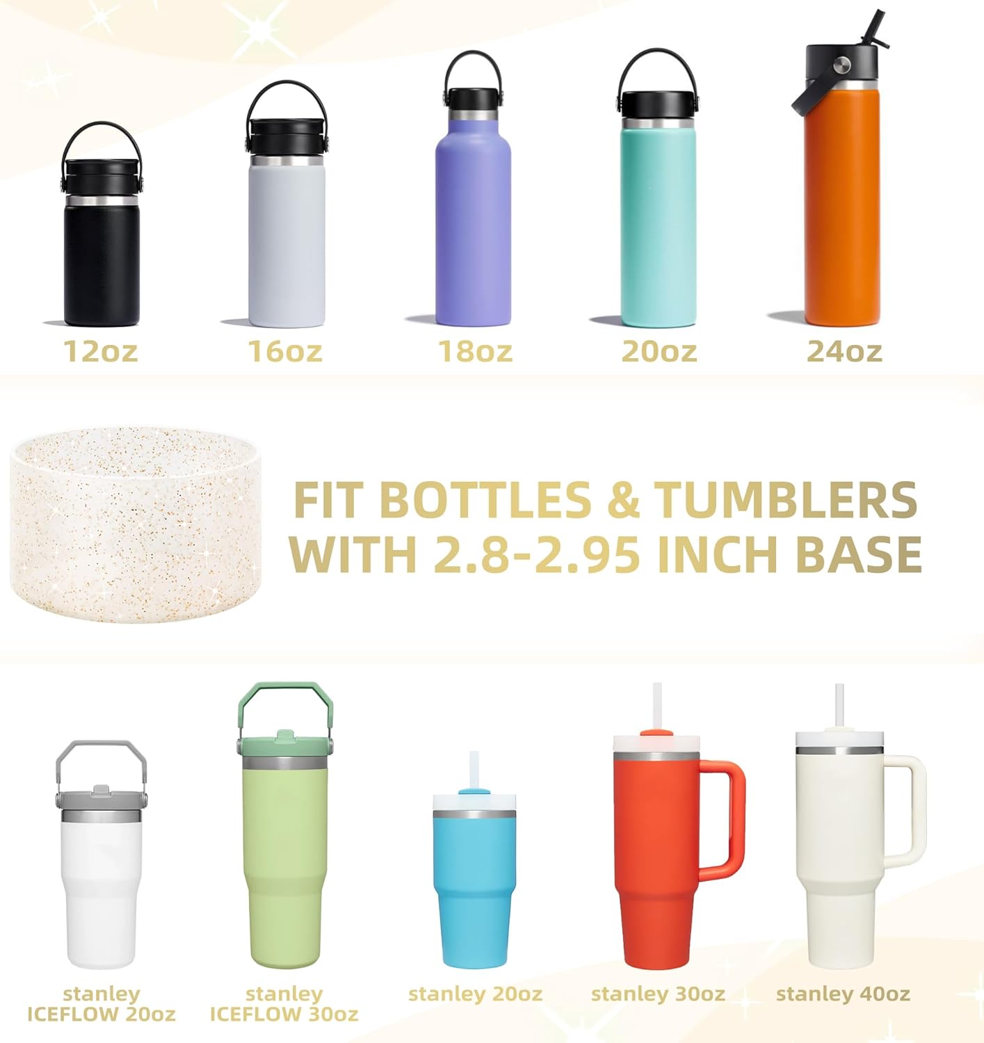 Vmini Protective Glitter Silicone Boot, Compatible with Stanley Tumbler 20-40oz & Hydro Flask Water Bottle 12-24oz and More Bottles/Tumblers with 2.8-2.95in Bottom, Bling Anti-Slip Sleeve Cover