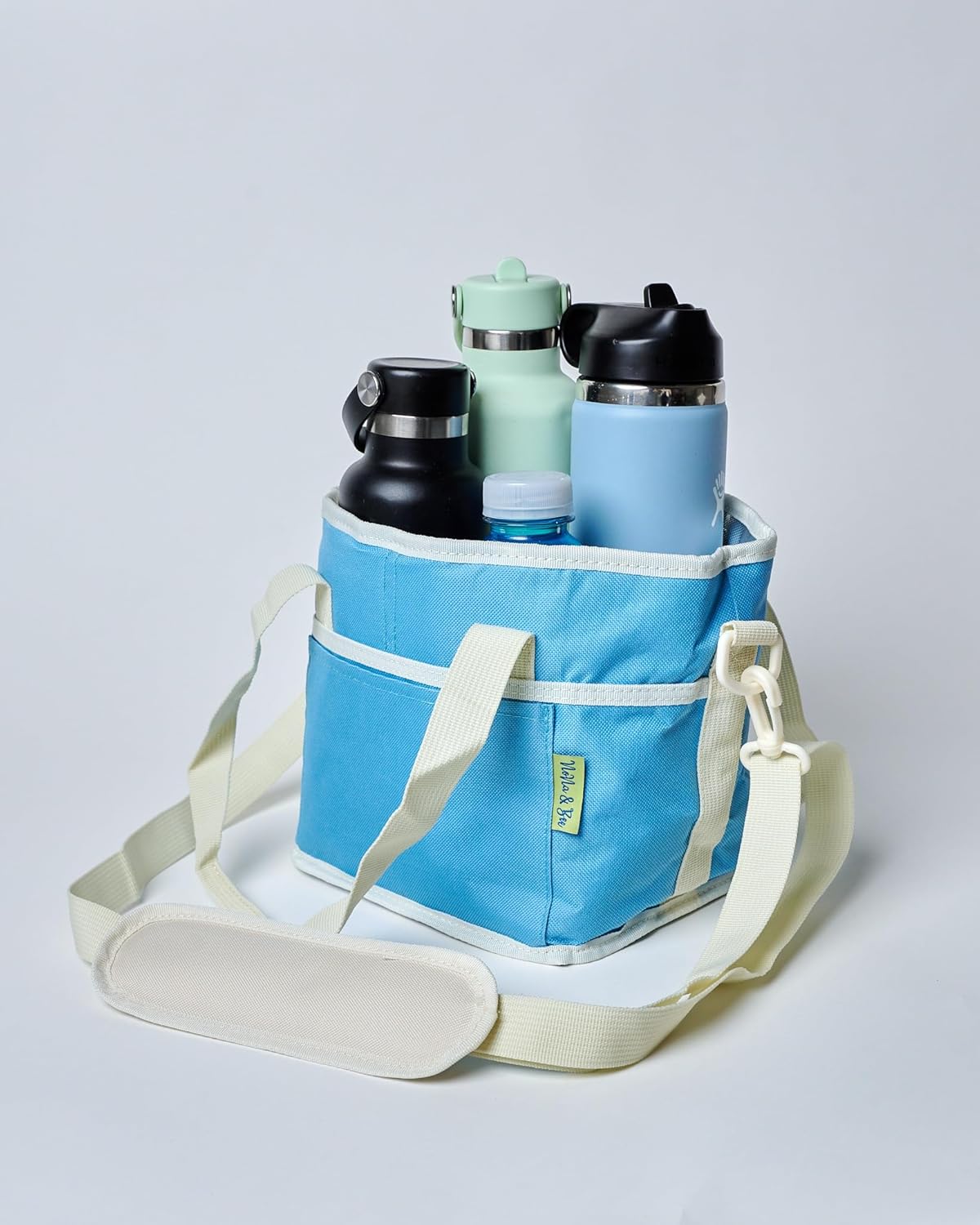 NoNa & Bee 4 Water Bottle Holder with Strap | Family Size 4 Compartment Drink Bag, Multiple Tumbler Carrier Caddy | Adjustable Fits Large & Small Drinks | Hands Free, Won't Tip Over in Car