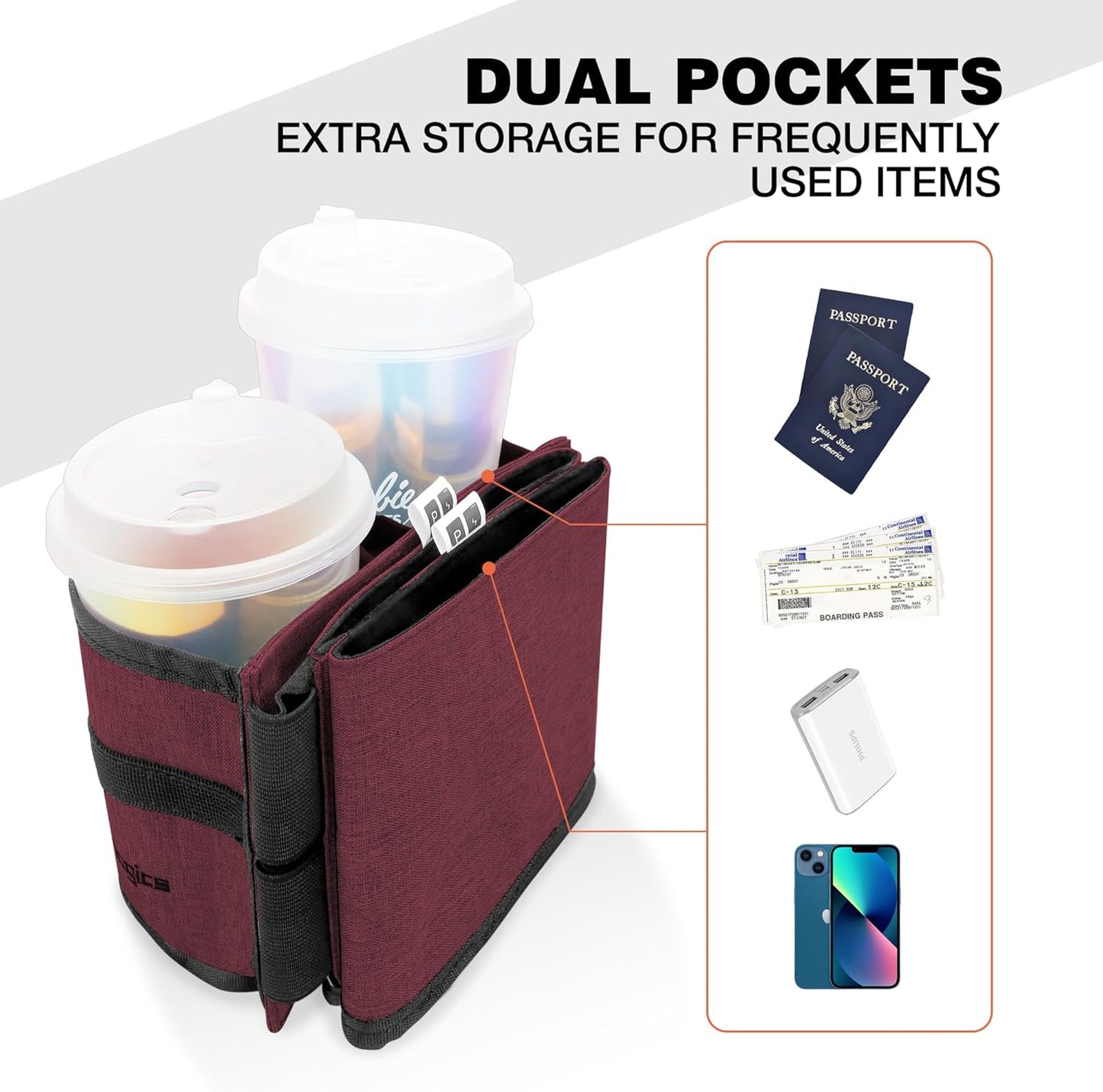 Perilogics Luggage Travel Cup Holder Hands Free Drink Caddy for Suitcase Handle. Perfect Airplane Travel Essential Accessory Gift for Frequent Traveler, Flight Attendant or with Children (Dark Gray)