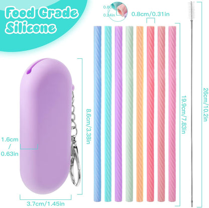 Meanplan 8 Set Cruise Ship Essentials,Silicone Straws with Case Reusable Foldable Portable Drinking Straw for Party Travel Cold or Hot with Carry Case and Cleaning Brushes (Rainbow Colors)