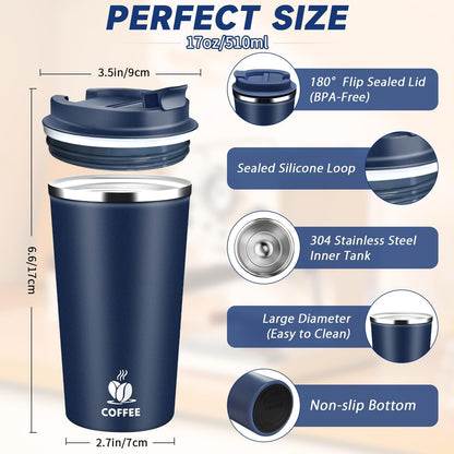 Insulated Travel Coffee Mug Reusable Coffee Tumbler Cup with Flip Lid Leak Proof Spill Proof for Office School Party Camping Hot and Cold Drink,Stainless Steel 17oz (Black)