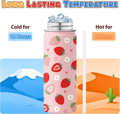 Strawberry Gifts for Kids - 16oz Pink Kids Water Bottle with Straw Lid, Stainless Steel Insulated Water Bottle, Leakproof, BPA-Free, for Girls, School, Strawberry Lover Children Birthday Gift Cup(1pc)