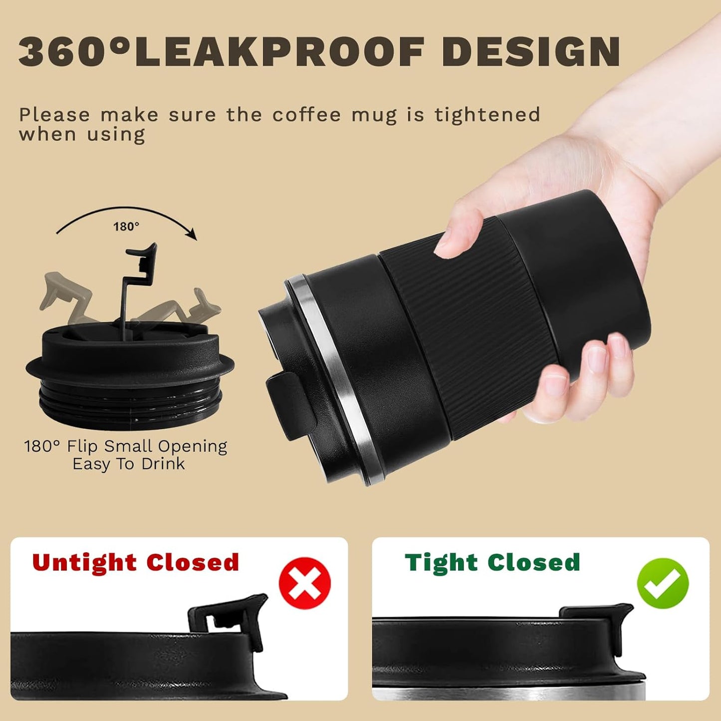 SPLMIFA Vacuum-Insulated Stainless Steel Travel Coffee Mug, Leak-Proof Reusable Coffee Cup with Lid - Keep Hot & Cold Drinks for Hours, Durable Insulated Tumbler for Men & Women(3rd-Black, 12OZ)